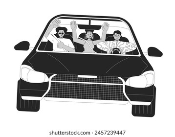 Multiracial friends riding car recklessly black and white 2D line cartoon characters. Creating dangerous situation on road isolated vector outline people. Accident monochromatic flat spot illustration