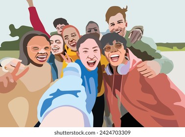 Multiracial friends taking big group selfie shot smiling at camera -Laughing young people standing outdoor and having fun - Cheerful students portrait outside school