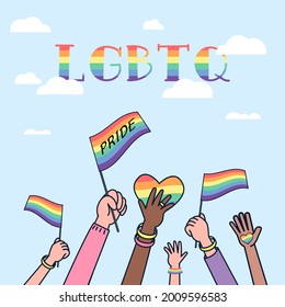 Geschlechtergleichheit und multiethnische Hände, die ein herzförmiges Banner mit einer Geschlechterflagge auf blauem Himmelshintergrund tragen. Template LGBTQ Event Banner Design.