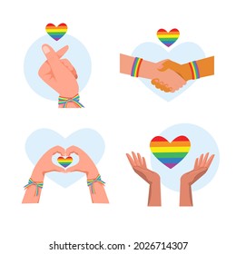 Multiracial and gender equal hands holding a LGBTQ rainbow heart shape with a wristband of gender on purple background. Template LGBTQ event banner design.