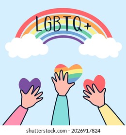 Multiracial and gender equal hands holding a LGBTQ rainbow heart shape with a wristband of gender on background. Template LGBTQ event banner design.