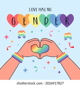 Multiracial and gender equal hands holding a LGBTQ rainbow heart shape with a wristband of gender on background. Template LGBTQ event banner design.