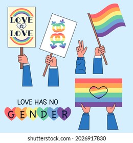 Multiracial and gender equal hands holding a LGBTQ rainbow heart shape with a wristband of gender on background. Template LGBTQ event banner design.