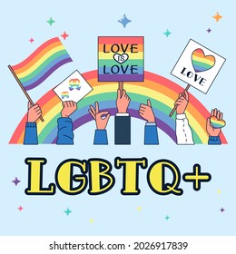Multiracial and gender equal hands holding a LGBTQ rainbow heart shape with a wristband of gender on background. Template LGBTQ event banner design.