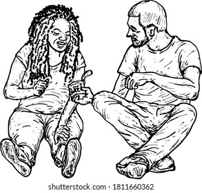 A multiracial girl and a boy sharing a can of tidbits. Hand drawn vector illustration.