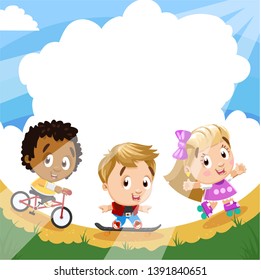 Multiracial girl and boys riding bicycle, skateboarding, roller skating on jump ramp. Sporting children having fun in clear summer day. Cartoon vector illustration. Concept of kid`s hobby, pastime.