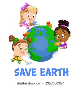 Multiracial girls care about planet. Little children collect garbage, do gardening, water plants on globe with seas, clouds, forests. Earth Day. Concept of save world, ecological protection. Cartoon.