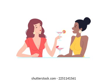 Multiracial girls enjoying cocktails in a nightclub or cafe. Illustration of pretty young women talking and laughing together. Woman's friendship concept. Vector 10 EPS.