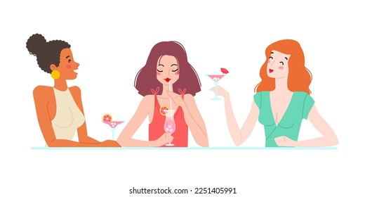 Multiracial girls enjoying cocktails in a nightclub or cafe. Illustration of pretty young women talking and laughing together. Woman's friendship concept. Vector 10 EPS.