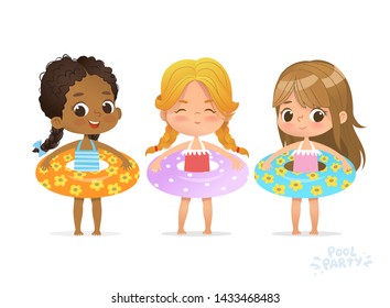 Multiracial Girls in inflatable circle. Kid Friend Relax at Summer Multiracial Pool Party with Inflatable Ring. Beach Girl Character Isolated. Birthday Vacation Flat Cartoon Vector Illustration