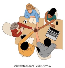 Multiracial group of business people holding hands in a circle. The people are sitting at a table with laptops and books. Scene is collaborative and friendly. Hand drawn colored illustration isolated