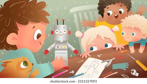 Multiracial group of children engineering robot in the room at the table. Kids art and craft activity, learning studying and playing with robot. Vector design illustration for school or kindergarten.