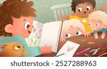 Multiracial group of children reading a book in the room at the table. Kids learning studying and reading a fairytale book together in library. Vector design illustration for school or kindergarten.