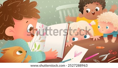 Multiracial group of children reading a book in the room at the table. Kids learning studying and reading a fairytale book together in library. Vector design illustration for school or kindergarten.