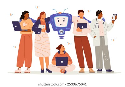 Grupo multirracial de diferentes profissionais que interagem com o conceito de inteligência artificial. Homens e mulheres usando a ilustração de vetor plano AI isolado no branco.