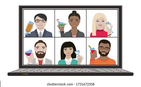 Grupo multirracial de amigos asiáticos, indios, africanos, hombres y mujeres se reúnen y tienen videochat remoto con cócteles champagne y bebidas de vino en la pantalla de un portátil