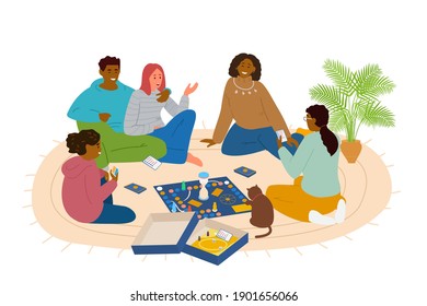 Multiracial Group Of Friends Playing Board Game At Home Sitting On The Floor Vector Illustration. Guessing Game.