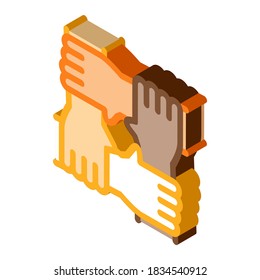 manos multirraciales sosteniendo el vector de icono. manos isométricas de grupo multirracial sosteniendo el signo. ilustración de símbolo aislado de color