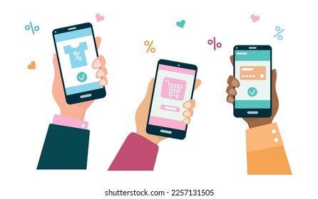 Multiracial group of Hands holding smartphones with Shopping basket, T-shirt, Card icon. Online shopping and sale concept flat vector illustration isolated on white background.