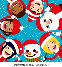 Multiracial group of happy smiling children with Santa Claus and Snowman holding hands together in circle