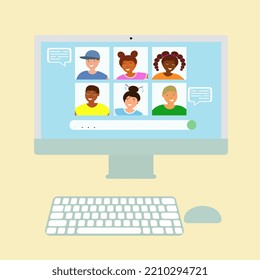 Multiracial group of kids learning via video conference. Online education. Back to school. Video call on computer screen.