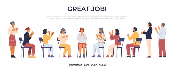 Multiracial group of people applauding flat vector banner.Joyful  men and women sitting and standing showing thumbs up, clapping and cheering.