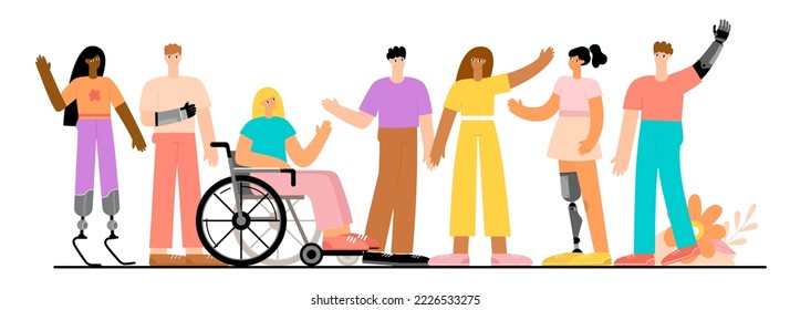 Multiracial group of people with disabilities. A set of different people with prosthetic arms, legs, in a wheelchair. Flat vector illustration