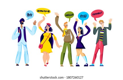 Multiracial group of people greeting on different languages. Cartoon characters of various nationalities saying hello: chinese, indian, russian, english and french. Vector illustration