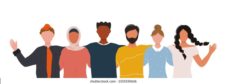 
Multiracial Group Of People Standing Together And Embracing Each Other. International Human Solidarity Banner Concept. Flat Modern Trendy Style.Vector Illustration Character Icon.