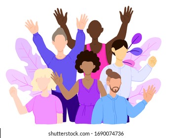 Multiracial group of people standing together and embracing each other. International human solidarity banner concept. Flat modern trendy style. Vector illustration character icon.