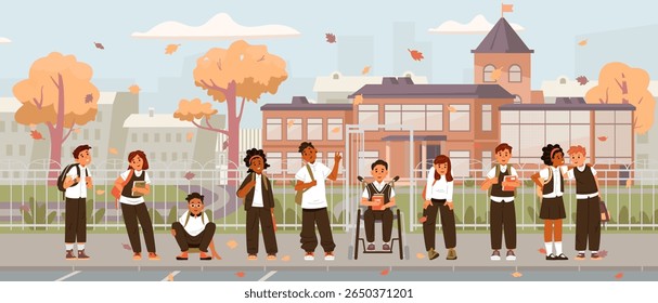 Multiracial group of primary school students in uniform with backpacks standing before school yard entrance. Back to school flat vector banner.