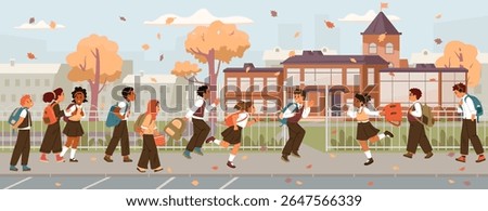 Multiracial group of primary school students in uniform with backpacks before school yard entrance going to school. Back to school flat vector banner.