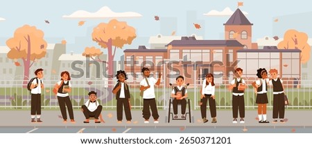Multiracial group of primary school students in uniform with backpacks standing before school yard entrance. Back to school flat vector banner.