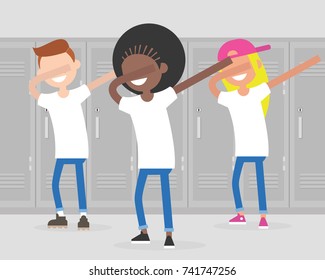 Multiracial group of teenagers dancing dab dance at school. Dabbing, Internet meme. Millennials having fun. Flat editable vector illustration, clip art