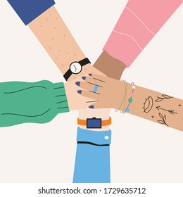 Multiracial group of women or men joining hands together concept. Illustration of girl power, friendship, community, support, teamwork and cooperation. Diverse teenagers putting hands together.