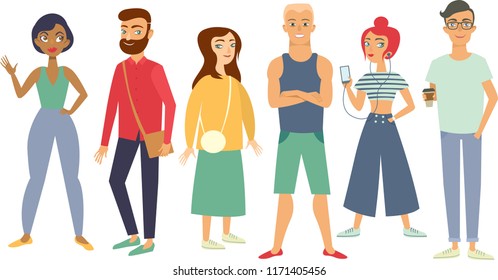 Multiracial group of young people characters. Flat style