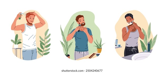 Multiracial guys undergoing grooming procedures flat color vector icon set. Handsome men shaving and doing hairstyle illustration pack on white