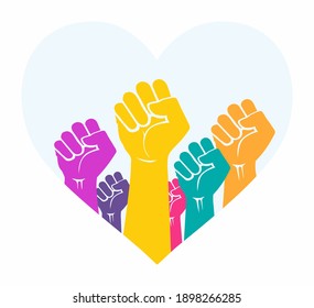 Multiracial hands with fists raised in the air, inside a heart shape. Symbol of love and unity. Diversity, community and solidarity icon.