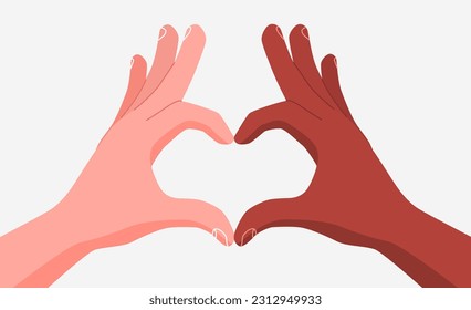 Multiracial hands folded together in a heart shape. The concept of equality and diversity. Vector illustration