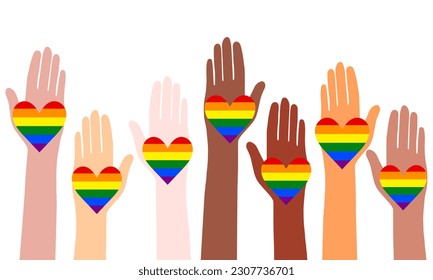Multiracial hands with hearts vector illustration. Happy pride month. LGBT pride