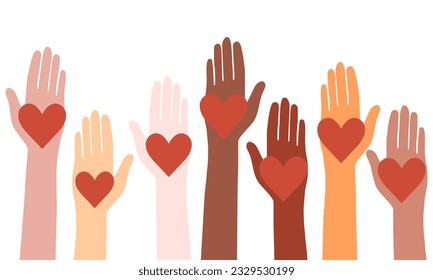 Multiracial hands with hearts vector illustration. Raised hands volunteering vector concept