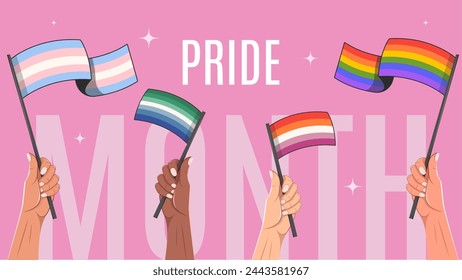 Multiracial hands hold pride LGBTQ flags. Vector banner for Pride month.