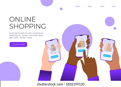 Multiracial Hands holding smartphone with order now button on the screen. E-commerce flat design concept. Using mobile smart phone for online purchasing. Order from home.