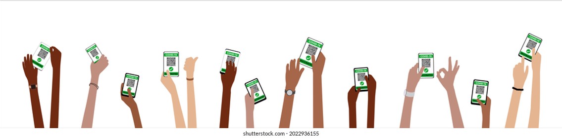 Multiracial Hands Holding Smartphones With Covid-19 Vaccination Proof Certificates On Screen - NOTE: QR Code Is Not Real