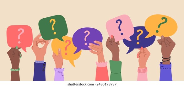 Multiracial hands holding speech bubbles with questions marks. FAQ and questions concept. Hand drawn vector vector illustration isolated on light background. Modern flat cartoon style.