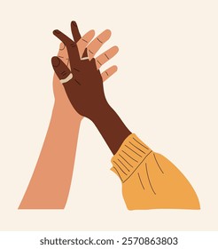 Multiracial hands holding, touching. Love, relationship, Valentines Day concept. Flat vector illustration isolated on white background