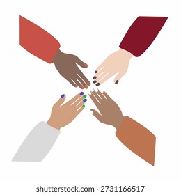 Multiracial hands joined together. Human rights and racial equality symbol. Minimalist vector art for community and brotherhood themes.