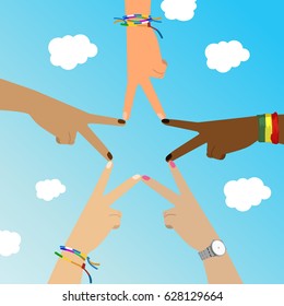 Multiracial hands make star sign over sky