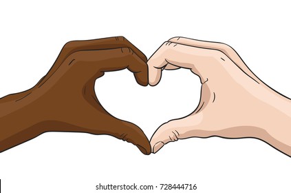 Multiracial Hands Showing Heart Shape Gesture, Love And Friendship Concept Between Multi Ethnic Woman And Man, Vector Illustration In Colored Sketch Style Isolated On White Background 