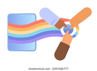 Multiracial hands swipe right rainbow from digital tablet. Unlock action cartoon vector illustration